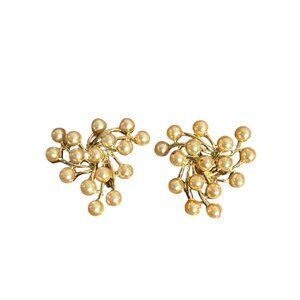Vintage Emmons Gold Tone Clip On Earrings Faux Pearl Cluster 1.5" Estate 17.77g